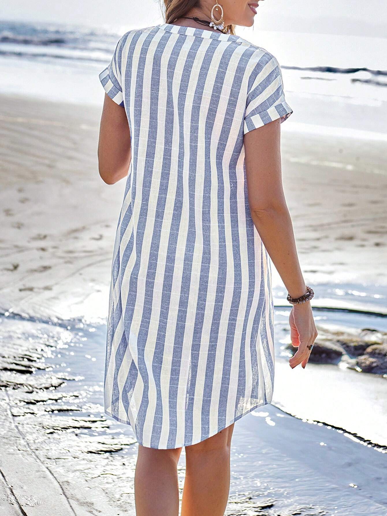 Vestido Camisa Listrado Azul e Branco