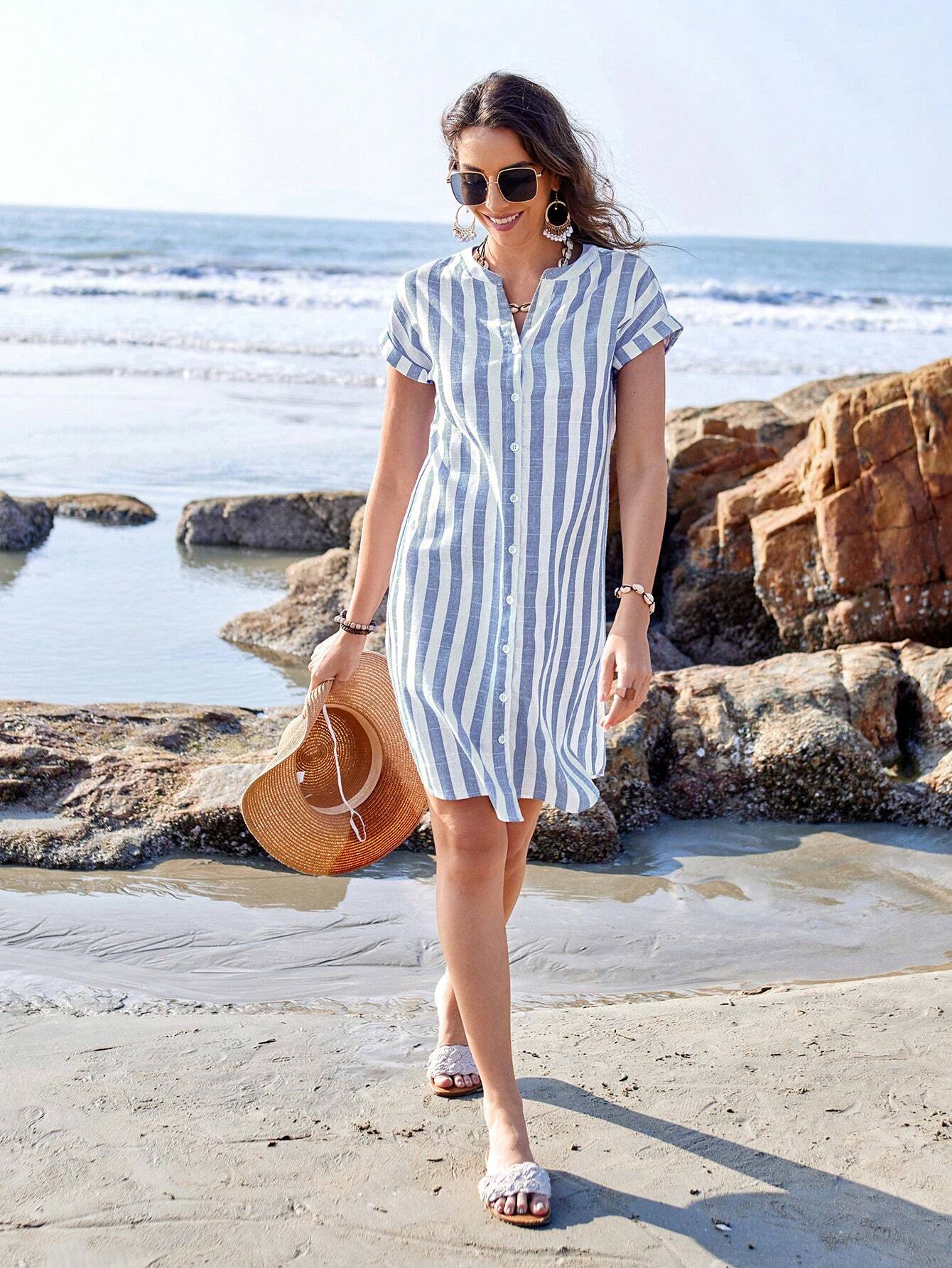 Vestido Camisa Listrado Azul e Branco