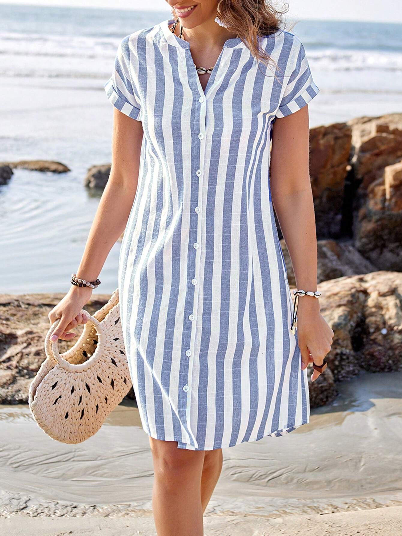 Vestido Camisa Listrado Azul e Branco
