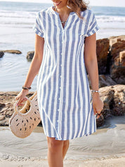 Vestido Camisa Listrado Azul e Branco
